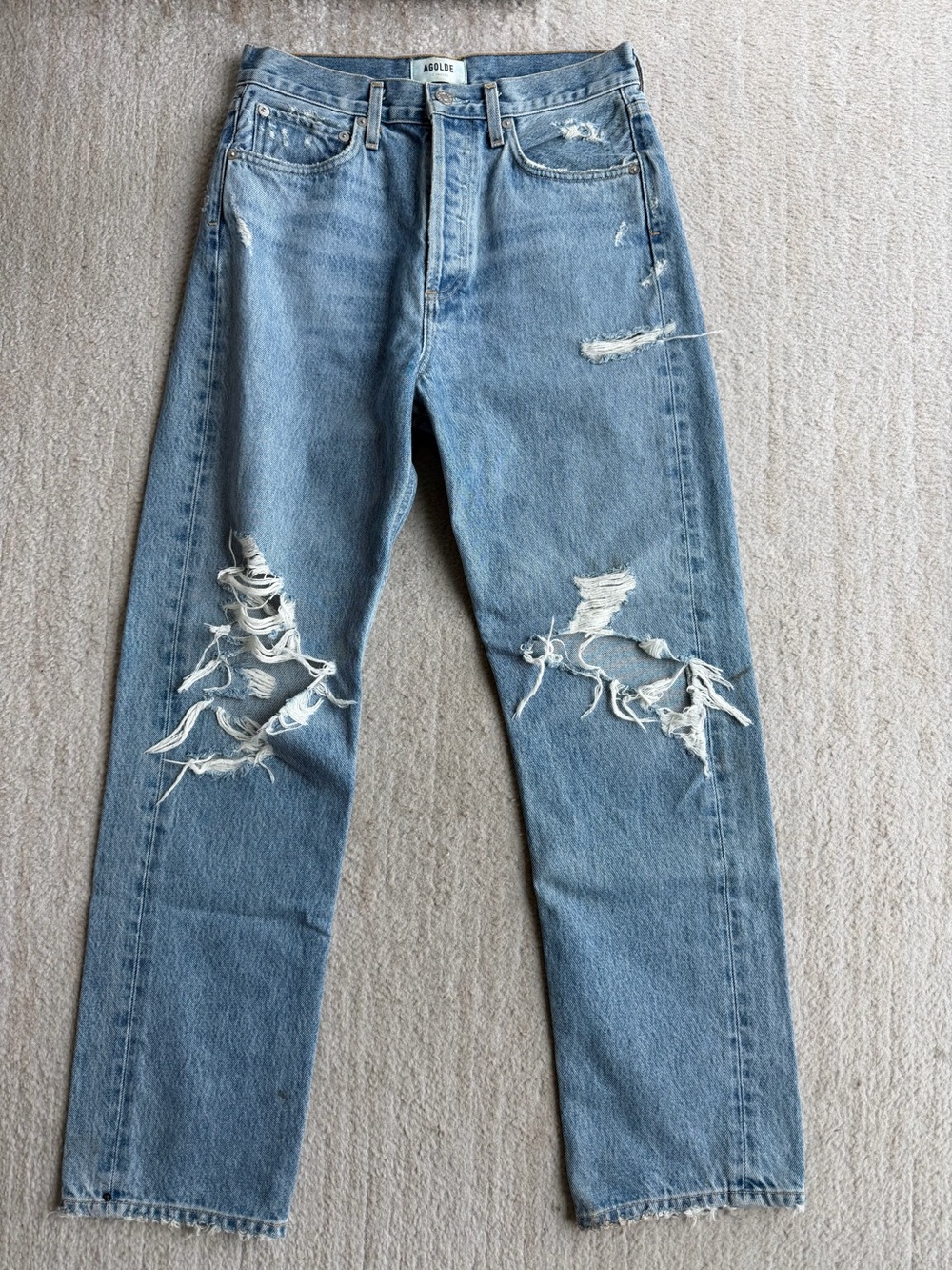 Agolde Light Blue Distressed Straight Leg Jeans